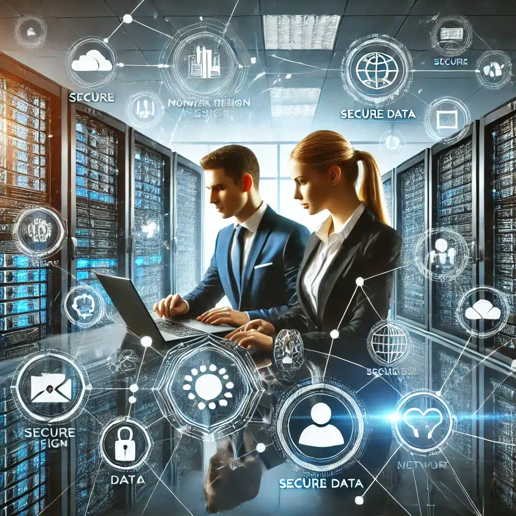 Fuguluggage 7 DALL·E 2024 09 01 09.26.28 Create a professional image similar to the uploaded image. Depict two business professionals working with digital network technology surrounded by ic