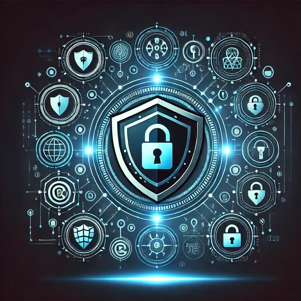 Fuguluggage 15 DALL·E 2024 09 01 09.27.43 Create an image similar to the uploaded one depicting a digital security shield with a stylized emblem in the center surrounded by icons representin